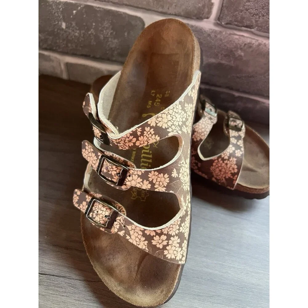 Birkenstock Papillio Florida Sandals Sz 38 7US 3 Strap Brown Floral Flower - Picture 11 of 11